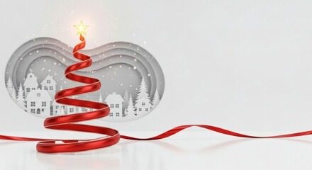 Whimsical Paper Cut Winter Village and Snowy Forest Scene with a Shining Star Topper and an Abstract Christmas Tree Formed by a Dynamic Red Spiral Ribbon on a Bright White Background