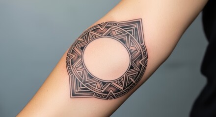 Geometric circle mandala tattoo on human arm with elaborate patterns