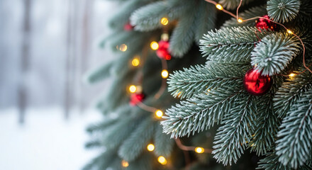 Close-up Shot of a Frosted Outdoor Christmas Tree Branch Covered in Snow with Warm Glowing String Lights and Small Red Ornaments, Capturing a Cold but Cozy Winter Holiday Mood