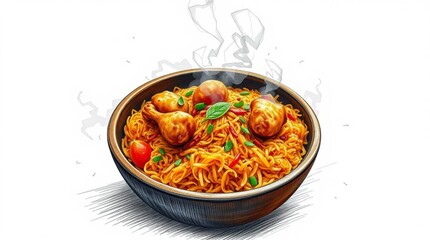 Steaming bowl of delicious noodles with chicken drumsticks and fresh tomatoes, served hot and ready to eat.