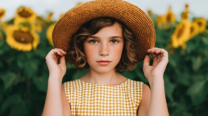 A young girl with curly hair wears a straw hat and a checkered dress, standing amidst vibrant sunflowers in a field.