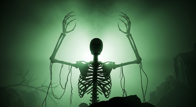 Unsettling horror image of a skeleton figure with raised hands, isolated in a dark, foggy setting with mystical green light.