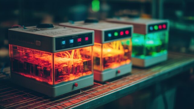 Three colorful devices with illuminated tanks, likely for experimental purposes, showcase vibrant liquids and digital displays, suggesting a scientific or culinary environment.
