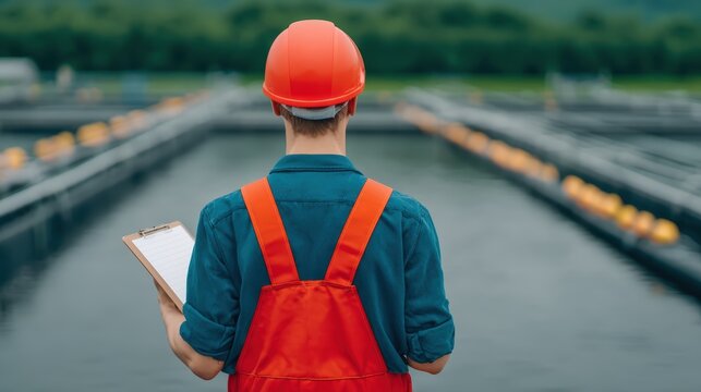 A worker in a safety helmet inspects a water treatment facility, holding a clipboard and looking over the processing tanks. - Powered by Adobe
