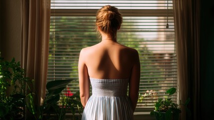 A woman gazes out a window, surrounded by plants, with sunlight streaming through the blinds, creating a serene and contemplative atmosphere.