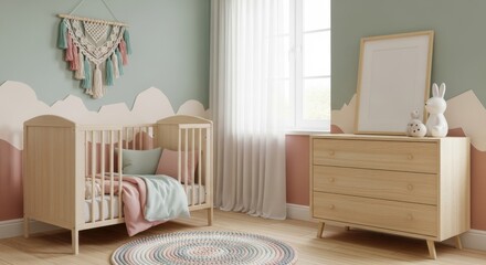 Soft pastel nursery room with crib wall decoration and cozy furnishings for a baby's peaceful