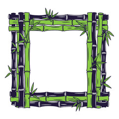 Decorative Bamboo Frame with Green Leaves on a Black Background