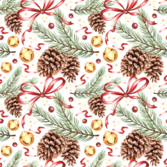 Gardinen Dschungel Watercolor pine branches with ribbons and round bells seamless pattern for Christmas design. Hand-drawn illustration of spruce twig for winter holiday decor. Festive background for textile, wallpaper.  © susie_p_art