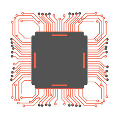 Abstract digital circuit board with central processor and glowing connections.