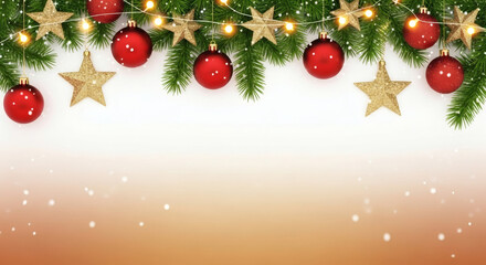 Upper Christmas Border Design Featuring Hanging Red Baubles, Glittering Golden Stars, and Fir Tree Branches with Glowing Lights and Falling Snowflakes on a Bright Background with Copy Space