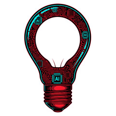 AI powered lightbulb with integrated circuit board on black background.