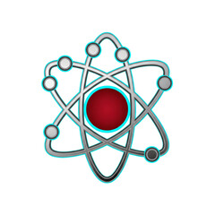 Stylized atomic structure illustration with red nucleus and orbiting electrons on black background