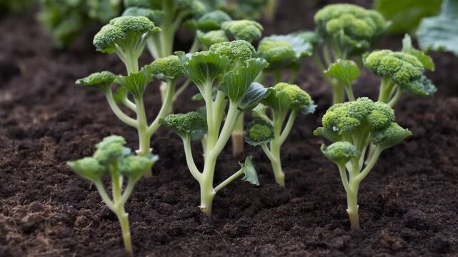Freshly grown broccoli plants sprouting in the fertile soil, an earthy scene. The vibrant green broccoli heads contrast beautifully with the rich brown earth Stock Video