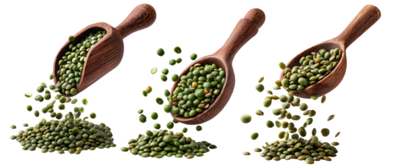 Green lentils falling from rustic wooden scoop, isolated on white background, concept of natural food and legumes