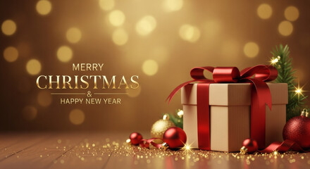 Luxurious Merry Christmas and Happy New Year Greeting Card with a Festive Gift Box, Red Ribbon, and Sparkling Ornaments on a Warm Wooden Surface with Golden Bokeh Lights Background