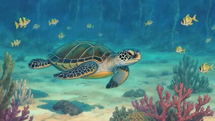 Obraz premium A serene underwater scene featuring a sea turtle and small fish swimming around coral