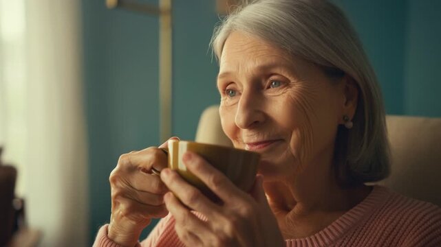 An elderly woman enjoying a warm beverage, gazing thoughtfully. With a serene expression, she embodies tranquility and contentment Stock Video