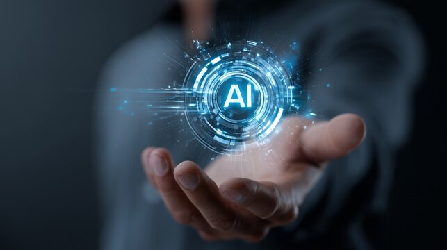 Close up of human hand presenting a glowing blue digital ai interface for innovation and future solutions