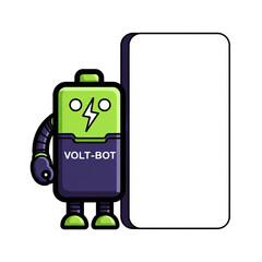 Friendly robot assistant with a battery charge icon and blank space for text.
