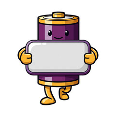 Happy Cartoon Battery Character Holding a Blank Sign
