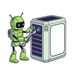 Friendly green robot with a wrench repairing a server.