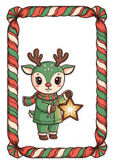 Cute Cartoon Reindeer Holding a Christmas Star Ornament