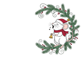 Cute white mouse singing Christmas carols with a bell, wearing Santa hat and scarf, surrounded by fir branches and berries.