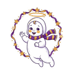 Cute ghost baby waving hello surrounded by stars and ribbons.