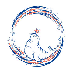 Playful seal balancing a star on its nose within a swirling water design.