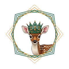 Adorable Fawn Wearing a Royal Crown and Framed by Geometric Ornate Border