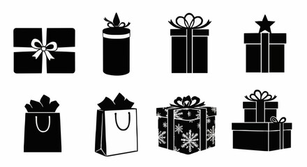 Collection of diverse celebration gift box and shopping bag silhouette icons, perfect for festive event designs and surprises