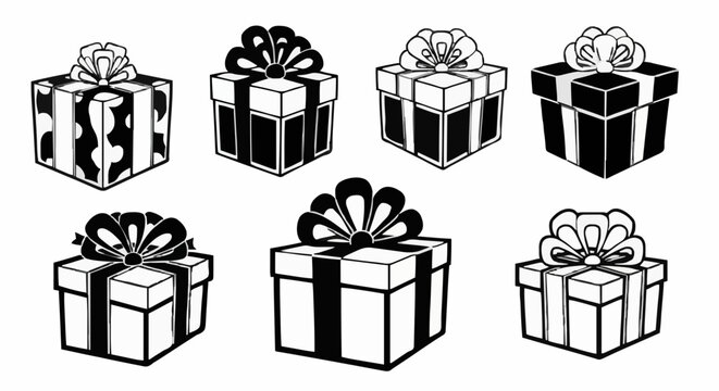 Stylized monochrome gift boxes with decorative bows, a versatile vector illustration set perfect for celebrations, holidays, and special occasion designs