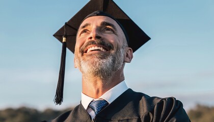Mature man with beard and graduation cap smiling and looking up at the sky