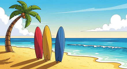 Beach scene with surfboards, palm tree, and ocean under blue sky.