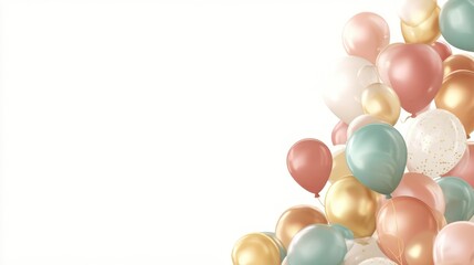 Pastel and gold balloons border on white background.