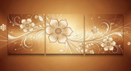 Elegant triptych canvas art featuring opulent floral motifs in warm golden tones