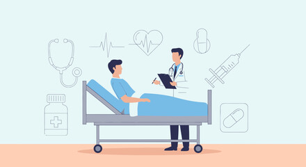 Medical Examination Illustration With Physician Interacting With Patient In Hospital Bed