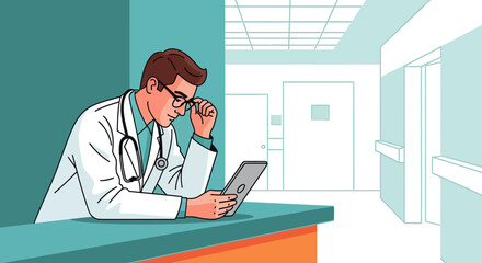 Medical Professional Examines Tablet in Hospital Setting with Modern Visuals