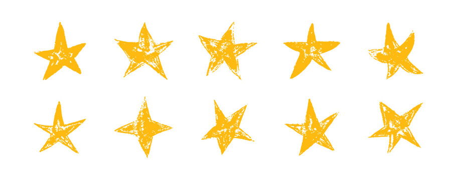 Star hand drawn crayon pencil sticker yellow vector set. Rough textured doodle stars in simple organic shapes. Elements for children, packaging, branding, decoration projects