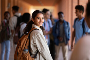 In a warm, sunlit hallway, students gather and chat, while a girl turns and smiles brightly at the camera, showcasing a lively school atmosphere. Generative AI.