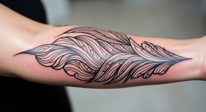 Intricate black feather outline tattoo on female forearm