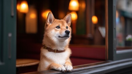 A Shiba Inu dog gazes thoughtfully out of a cozy cafe window, with warm ambient lighting creating a welcoming atmosphere.