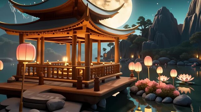 Japanese Lantern Pavilion at Night. A peaceful Japanese lakeside pavilion glows under soft lantern light surrounded by lotus flowers at night.