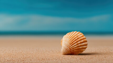 A solitary seashell rests on a sandy beach, with a serene ocean backdrop under a clear sky.