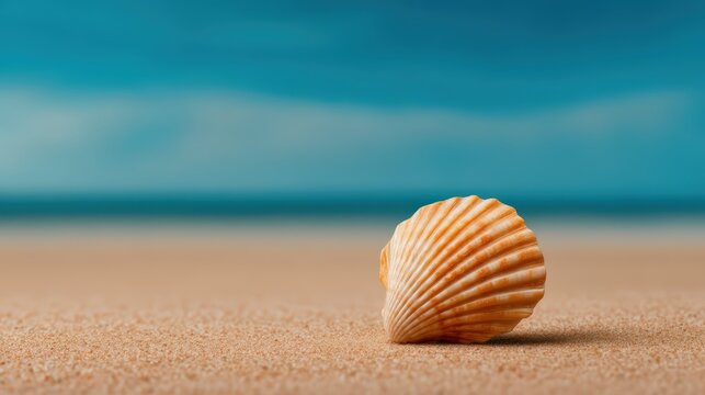 A solitary seashell rests on a sandy beach, with a serene ocean backdrop under a clear sky.