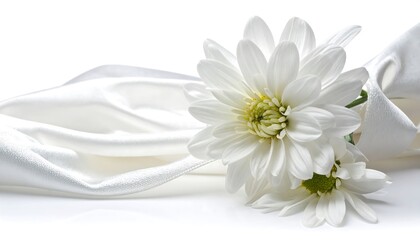Elegant White Chrysanthemums and Silk Fabric - A Study in Purity and Grace.
