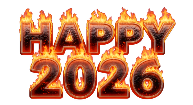 Happy 2026 flaming text isolated, new year celebration design