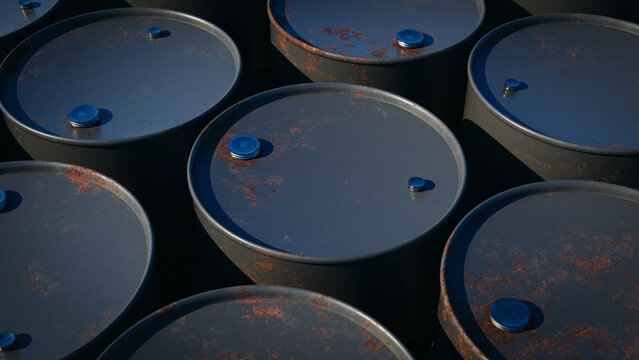 Rusty black oil barrels, concept for crude oil price, energy industry, and commodity market. 3d rendering