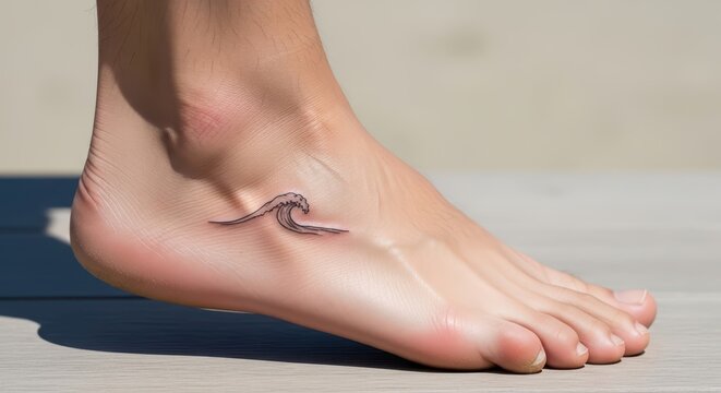 Minimalist wave tattoo on male ankle with light skin tone