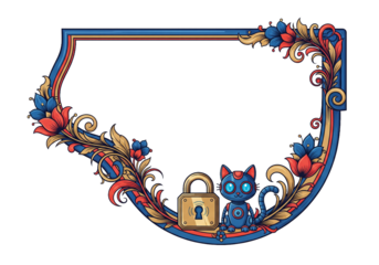 Whimsical robotic cat guarding a golden lock amidst ornate floral frame